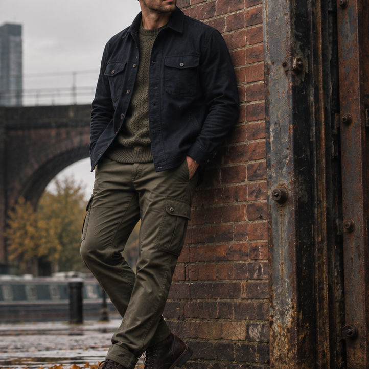 A man stands leaning against a brick wall outdoors near a canal, wearing a dark utility jacket, olive green shirt, olive cargo pants, and brown boots. Large overlaid text reads 'Built for Autumn' with smaller descriptive copy and a 'SHOP NEW SEASON' button.