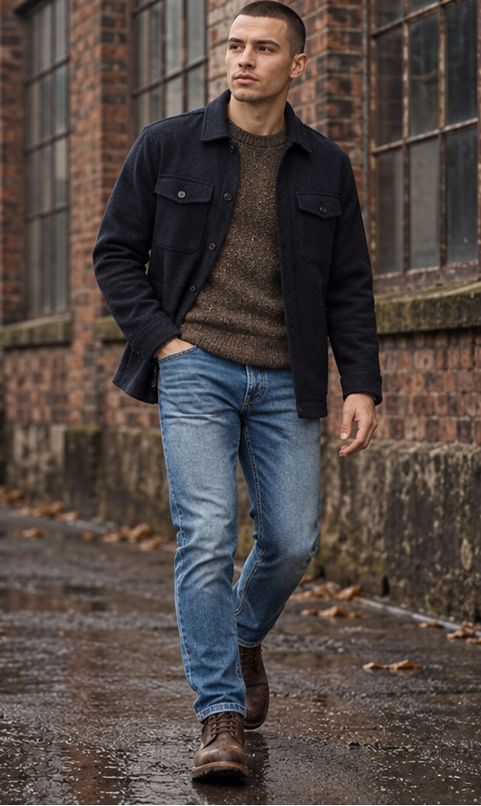 A man walking down a wet brick alleyway wearing a dark washed denim jacket, brown sweater, blue jeans, and brown boots. Text on the left reads 'Built for Autumn' and 'Shop the Edit'.