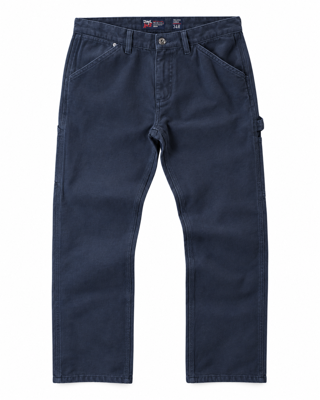 A pair of washed Navy looser fit  canvas worker style trousers with hammer loop .shown flat against a white background.