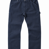 A pair of washed Navy looser fit  canvas worker style trousers with hammer loop .shown flat against a white background.