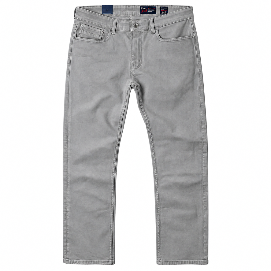 A pair of light grey straight fit stretch trousers shown flat against a solid white background, featuring classic five-pocket styling and a button closure.