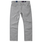 A pair of light grey straight fit stretch trousers shown flat against a solid white background, featuring classic five-pocket styling and a button closure.