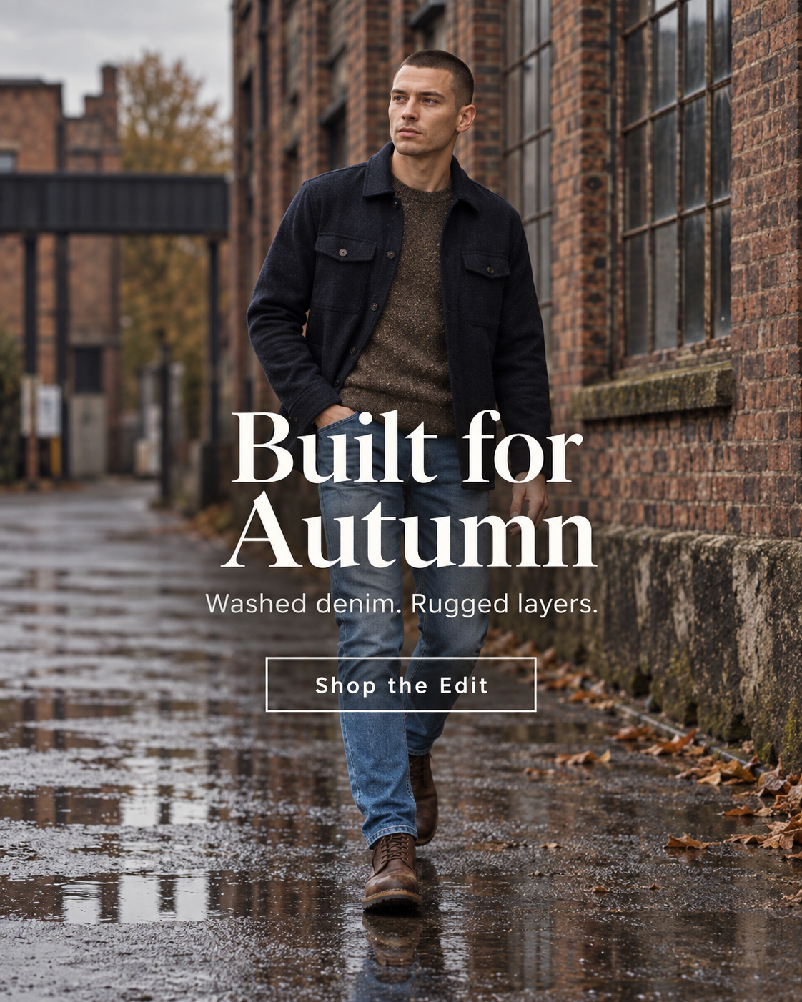 A man walking down a wet brick alleyway wearing a dark washed denim jacket, brown sweater, blue jeans, and brown boots. Text on the left reads 'Built for Autumn' and 'Shop the Edit'.