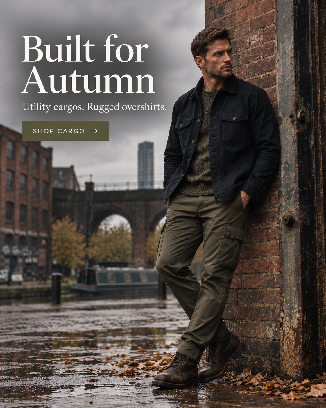 A man stands leaning against a brick wall outdoors near a canal, wearing a dark utility jacket, olive green shirt, olive cargo pants, and brown boots. Large overlaid text reads 'Built for Autumn' with smaller descriptive copy and a 'SHOP NEW SEASON' button.