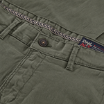 Close up front image of a mens slim fit chino trouser in dark olive from the DML Jeans brand