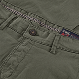 Close up front image of a mens slim fit chino trouser in dark olive from the DML Jeans brand
