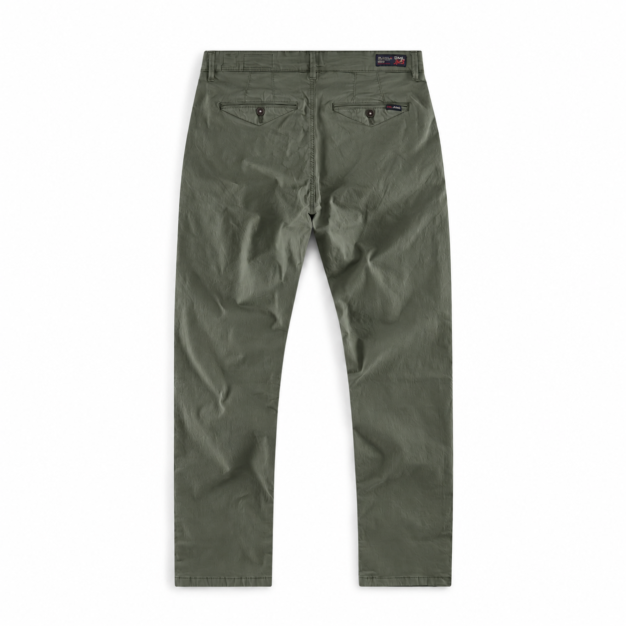 Back image of a mens slim fit chino trouser in dark olive from the DML Jeans brand
