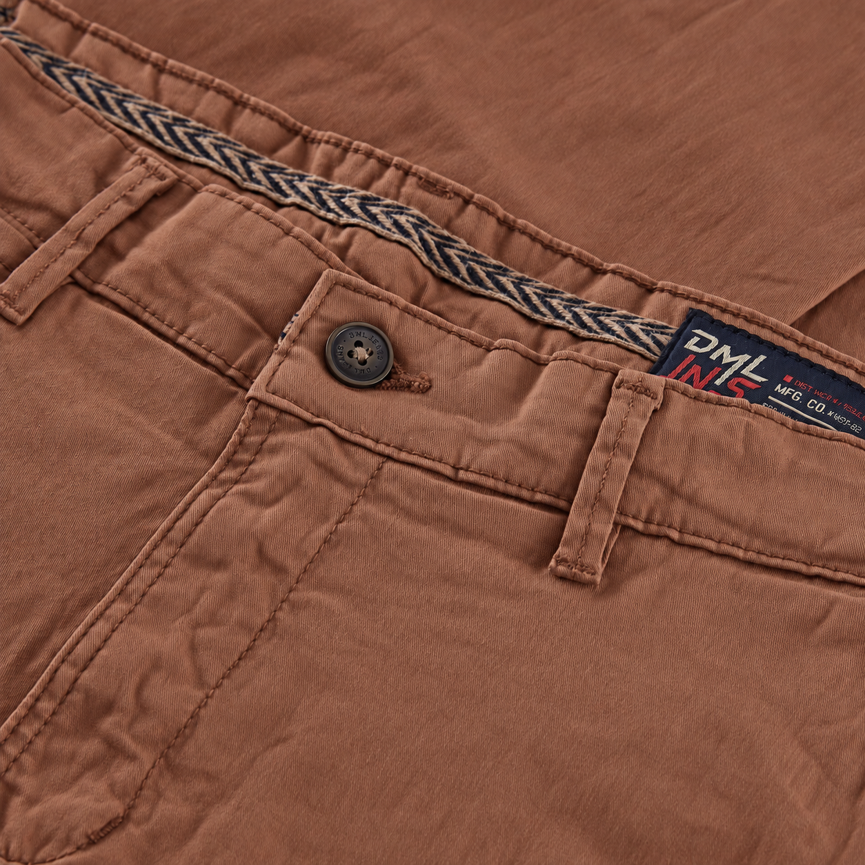 Image of a mens slim fit chino trouser in Fox brown from the DML Jeans brand