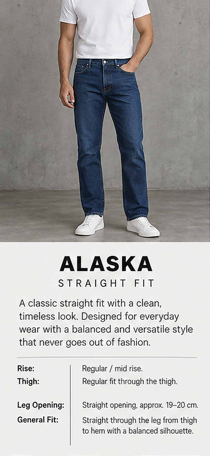 A man wearing blue straight-fit jeans with a white t-shirt and white sneakers, standing against a gray concrete wall. Below the photo is text describing the jeans as 'ALASKA STRAIGHT FIT' with fit details.