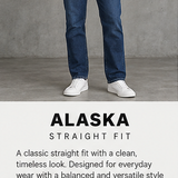 A man wearing blue straight-fit jeans with a white t-shirt and white sneakers, standing against a gray concrete wall. Below the photo is text describing the jeans as 'ALASKA STRAIGHT FIT' with fit details.