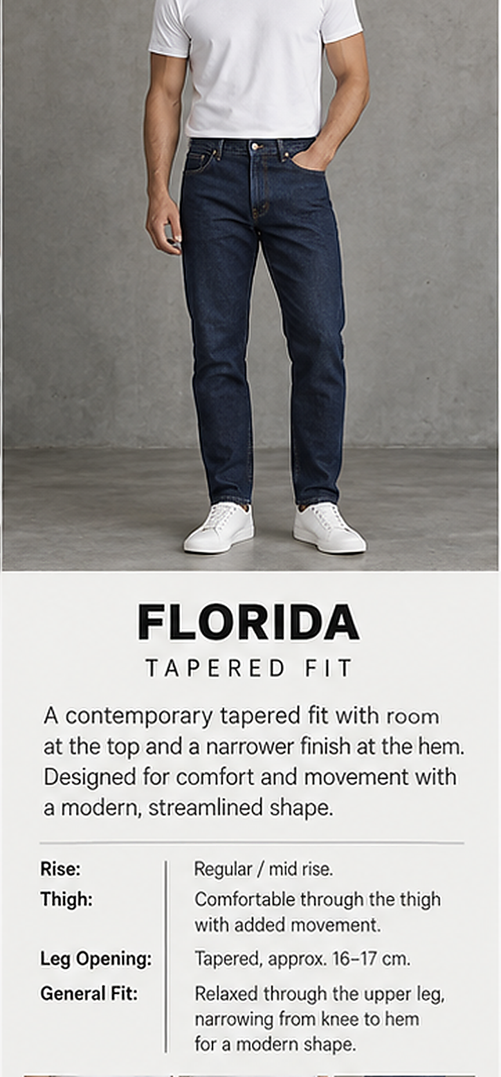 A model wearing dark blue tapered fit jeans with a white t-shirt and white sneakers, shown above a text panel detailing the 'FLORIDA TAPERED FIT' measurements and fit characteristics.