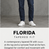 A model wearing dark blue tapered fit jeans with a white t-shirt and white sneakers, shown above a text panel detailing the 'FLORIDA TAPERED FIT' measurements and fit characteristics.