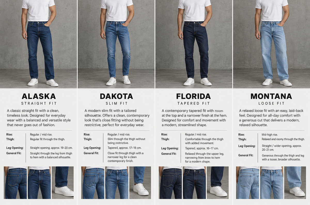 A four-panel comparison graphic showing the lower half of a model wearing blue jeans in different fits: Alaska Straight Fit, Dakota Slim Fit, Florida Tapered Fit, and Montana Loose Fit. Text labels describe each fit style, with leg opening and leg length measurements listed below each panel.