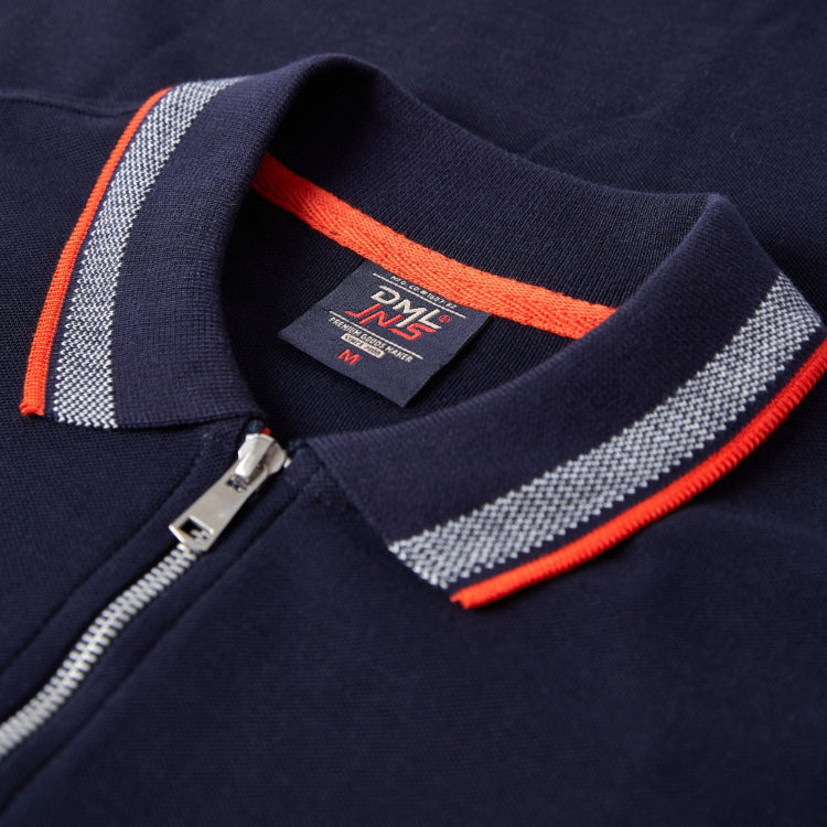 Navy blue zip-up hoodie with red and white striped collar and visible brand tag.
