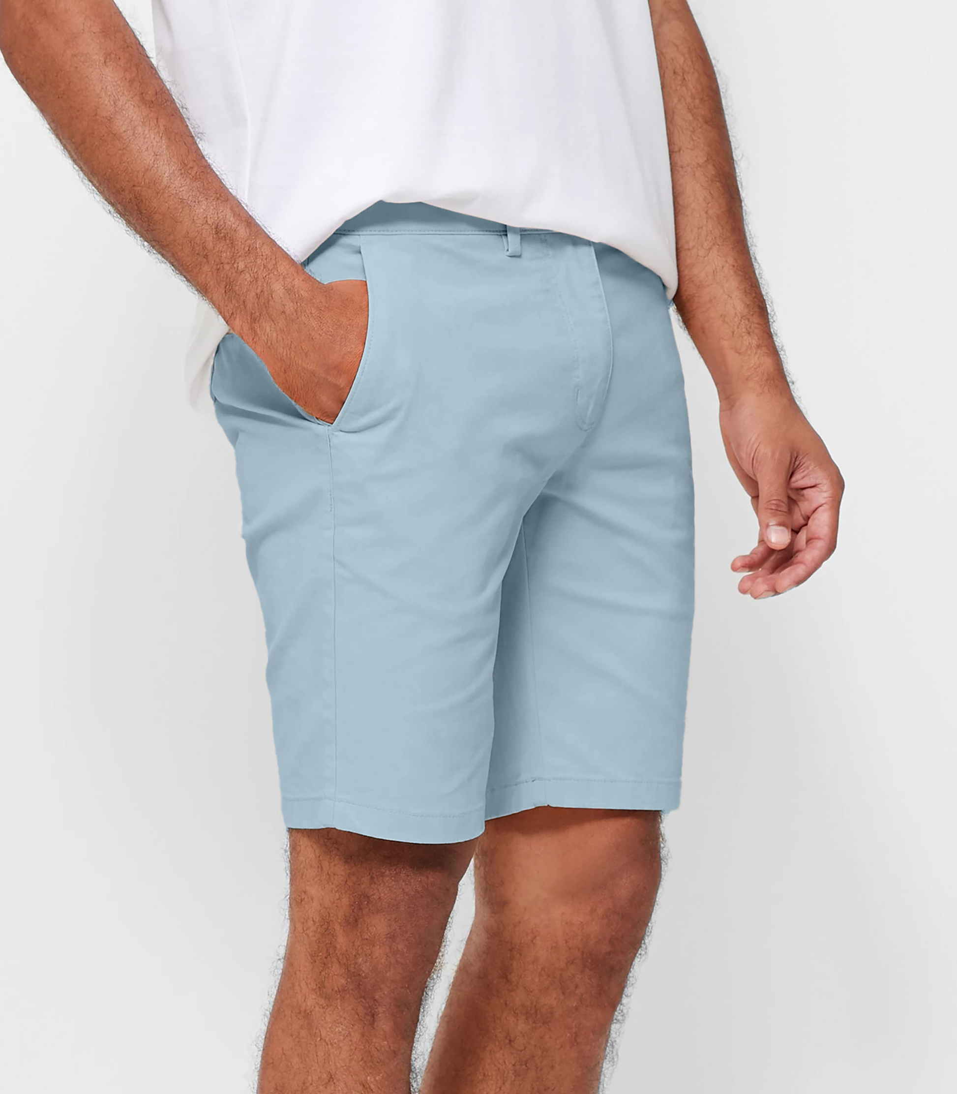 Mens Sky Blue chinos shorts with front slanted pockets, jetted back pockets. zip fly fastening and brown horne buttons on the waistband and back pockets, the fit is a slim fit, this is worn with a white tee and white t-shirt