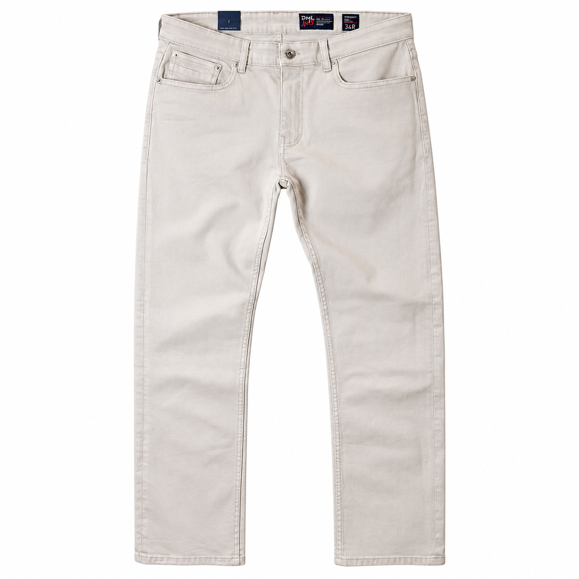 A pair of light beige straight fit stretch trousers shown flat against a solid white background, featuring classic five-pocket styling and a button closure.