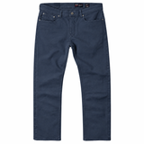 A pair of Washed Blue straight fit stretch trousers shown flat against a solid white background, featuring classic five-pocket styling and a button closure. 