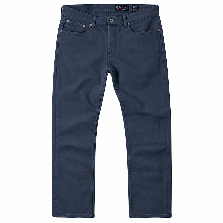 A pair of Washed Blue straight fit stretch trousers shown flat against a solid white background, featuring classic five-pocket styling and a button closure. 