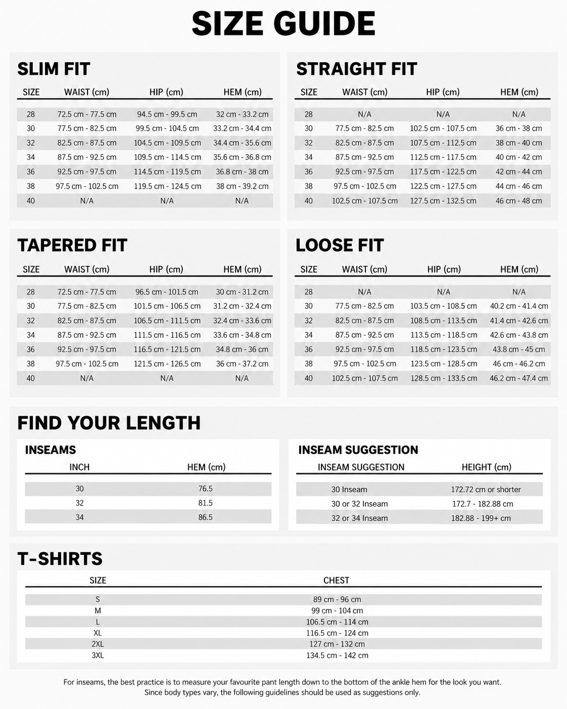 A size guide chart for men's t-shirts showing measurements for slim fit, straight fit, tapered fit, and loose fit styles, including waist, hip, chest, and inseam tables.