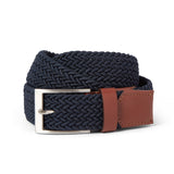 Newman mens woven elasticated belt - Navy with Tan leather trim