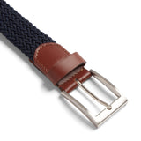 Newman mens woven elasticated belt - Navy with Tan leather trim