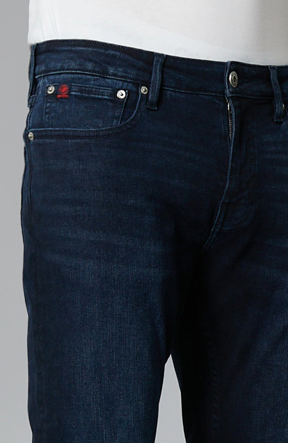 DML Jeans Alaska mens Ink Blue straight leg denim jeans front view close up