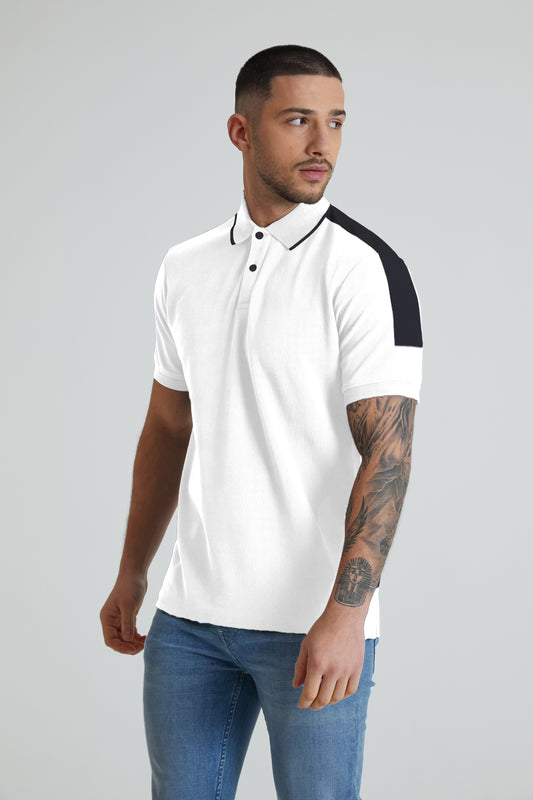 ROBBIE honeycomb pique polo in WHITE with NAVY contrast - DML Jeans 